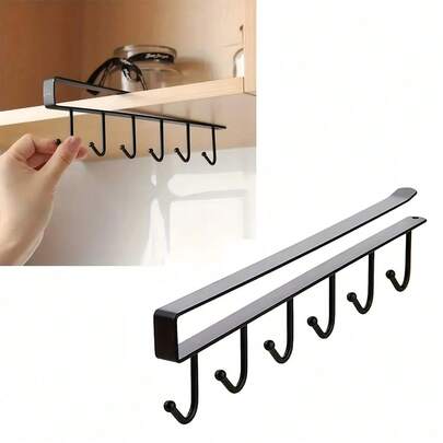 3 peças/1 conjunto de prateleiras de armazenamento de cozinha multifuncionais, ganchos para prateleiras de armário, porta-copos com 6 ganchos, sem necessidade de furação, organizador de utensílios de cozinha, suporte para ganchos de pendurar (preto)