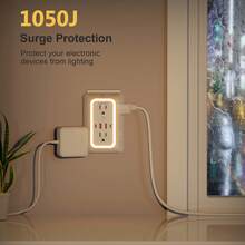 Multi Plug Outlet - 6 Wide AC Outlets And 4 USB Ports (2 Type-C), Surge Protection Extender With Night Light, US Plug, 3-Sided Design USB Wall Charger For Home Travel Office - Xem 10