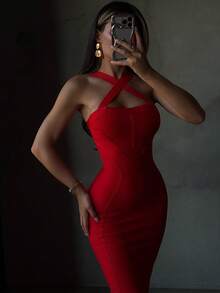 Sexy Spaghetti Strap Red Ribbed Midi Bodycon Dress, Women's Bandage Dress, Elegant For Evening Party Cocktail, Summer Clothing - Red - View 2