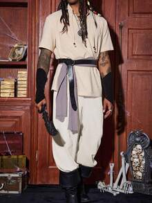 Runcati Men's Medieval Viking Pirate Pants Banded Ankle Lace Up Cotton Renaissance Gothic Halloween Costume Trousers - 米色 - 查看 3