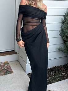 Onicee 夏季连衣裙 黑色情人节时尚网纱透视露腰露肩派对连衣裙，优雅适合情人节、约会、聚会、派对、旅行、度假、海滩等场合。 - 黑色 - 查看 7