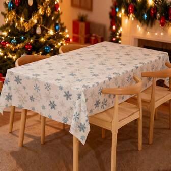 Christmas Blue Square Snowflake PEVA Thickened Tablecloth, Waterproof Cartoon Christmas Party Decor, Disposable Plastic Snowflake Tablecloth For Kitchen
