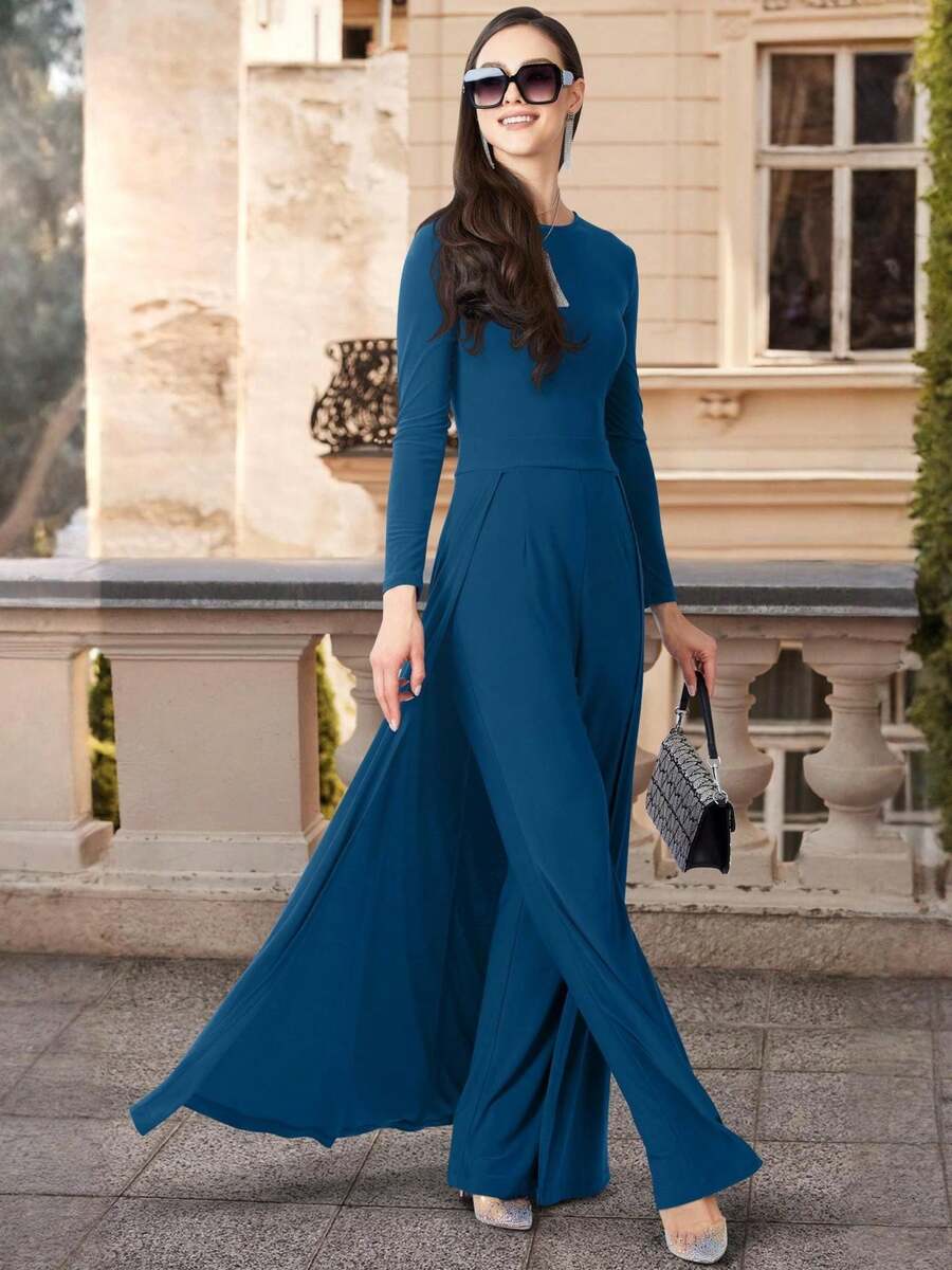 KOH KOH Women's Long Sleeve Crew Neck Maxi Jumpsuit With Pockets Flowy Overlay Cape Train High Waist Pull On Soft Stretch Stretchy Jersey Knit Comfortable Comfy Dressy One Piece Pantsuit Wide Leg Palazzo Pants Full Length Floor Length Loose Fit Modest Elegant Simple Solid Classy Slimming Flattering Draped Romper Timeless Classic Bridesmaid Wedding Guest Mother Of The Bride Or Groom Prom Evening Glam Cocktail Party Semi Formal Or Formal Black Tie Gala Engagement Anniversary Graduation Homecoming Church Choir Sunday Baptism Funeral Baby Shower Bridal Shower Office Workwear Business Meeting Dinner Date Night Holiday Vacation Travel Cruise Spring Summer Fall Autumn Garden Party Beach Wedding Nightclub Club Clubbing Petite And Plus Size Tall Curve Curvy Maternity Friendly Photoshoot Outfit For Girls And Women - 卡普里藍 - 查看 1
