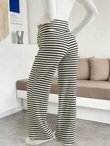 Maternity Striped Wide-Leg Knit Pants, Comfortable High Elasticity Long Maternity Trousers, Suitable For Pregnant Women - Black and White - View 2