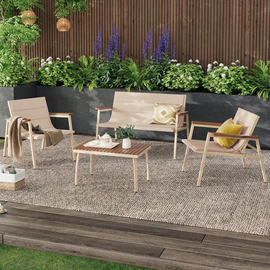 4-Piece Modern Outdoor Furniture Set, Patio Sofa With Suspended Cushion, Patio Conversation Set For Porch, Deck, Balcony - 米色 - 查看 1