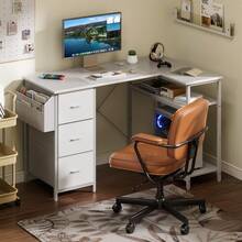 HLONONE Desk 120/140 Cm With 3 Fabric Drawers & Storage Bag, Corner Computer Desk With Shelves For Office & Home Office, 4 Colors - 白色 - 查看 4
