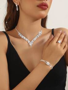 5pcs Micro-Inlaid Zirconia Geometric Delicate & Versatile High-End Necklace, Earrings, Bracelet And Ring Set, Suitable For Women's Daily Commute, Wedding, Party, Holiday Gift - Fashionable and Elegant Necklace Set - View 11