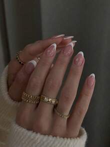 24pcs/Set Short Almond Black French Fashion Design Full Coverage Fake Nail Art Patch Pressed On Nail Art Supplies Suitable For Office Ladies, Party And Daily Wear Full Coverage Fake Nail Art Patch + 1 Jelly Gel + 1 Nail File Decorate Your Nails Enhance Your Fashionable Taste Nails - 白色 - 查看 2