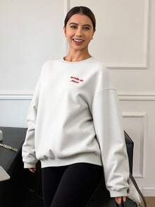 Livesso Damen Loose Fit Pullover mit Buchstickerei, Rundhalsausschnitt, Fleece, Langarm Oberteil, Herbstmode für Frauen - Grau - Übersicht 4