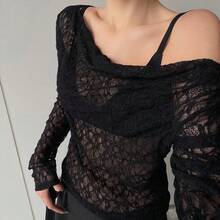 Livesso Women's Lace Asymmetric Neck Slim Fit Crop Top, White, Spring/Summer Sheer Long Sleeve Women Tops,Fall Women Clothes - Black - View 6
