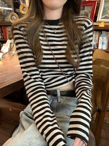 Las mujeres de América retro cuello redondo a rayas camiseta de manga larga, las mujeres de otoño e invierno de fondo interior de la camisa delgado diseño de la camiseta tops cortos - Negro - Ver 6