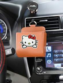 Sanrio 1 قطعة صندوق تخزين من الجلد للسيارة بشكل قطة باللون الأسود والبرتقالي والرمادي والبيج، حامل هاتف مثبت على فتحة التهوية