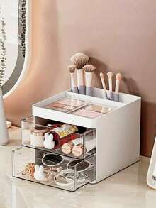 1pc Charming White Cosmetics Storage Box With Fashion Drawer - Large Capacity Cosmetics Display Box, Luxury Multi-Layer Cosmetics Storage Rack - Spacious Desk Storage Rack For Storing Skin Care Products, Perfume And Toiletries, Large Capacity, Table Top And Dresser Storage Rack - Fashionable Cosmetics Rack Suitable For Family And Travel, Christmas Gifts,For Holiday Beach, Bathroom Collection, Bedroom Collection, Large Capacity