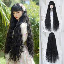 7JHH WIGS 44 Inch Extra Long Linen Black Cosplay Wig With Bangs Loose Long Curly Blonde Lolita Wig Soft Synthetic Heat Resistant Costume Wig For Women & Girls Party Wedding Rapunzel Use - Black - View 11