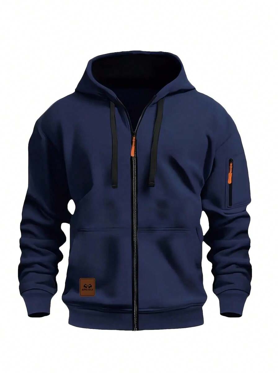 Men's Casual Hooded Zipper Cardigan Jacket - Lightweight Loose Solid Color With Front Pocket And Orange Accents, Suitable For Spring And Autumn, Daily Casual Durable Comfortable Coat - Màu xanh nước biển - Xem 1
