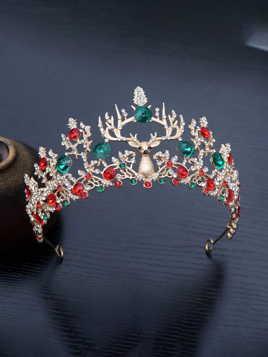 1 件圣诞主题合金皇冠，节日气氛红绿水钻驯鹿设计，引人注目的圣诞节，圣诞派对头饰 - 彩色 - 查看 1