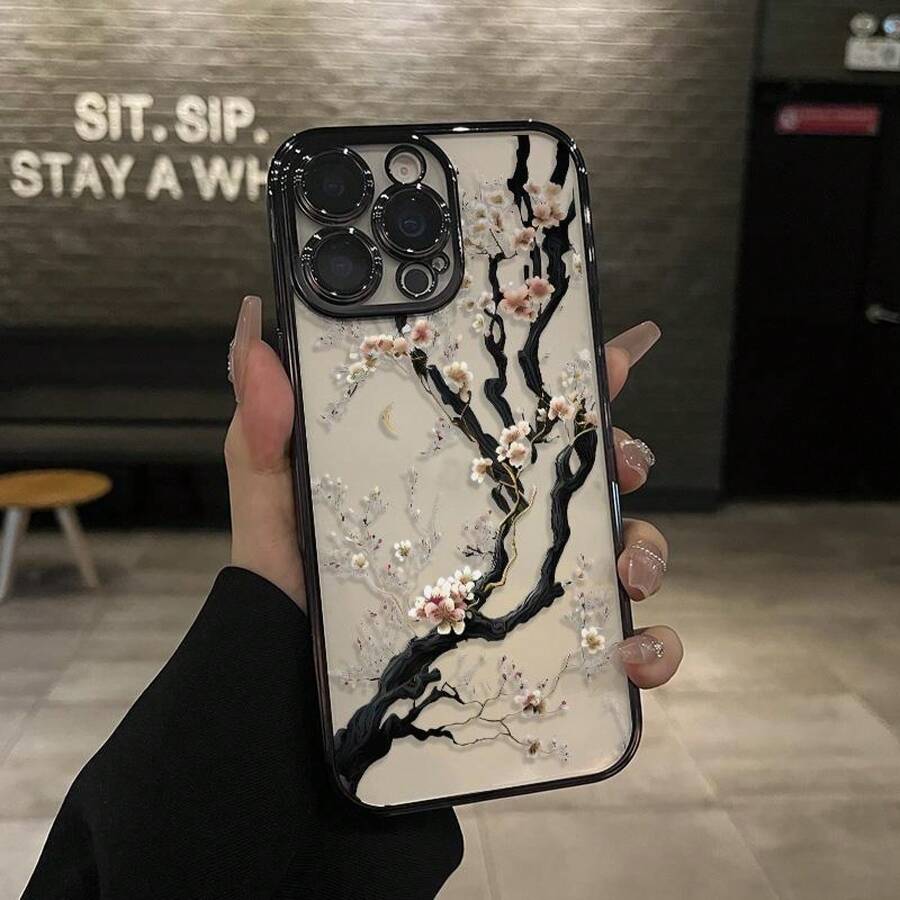 White Cherry Blossom Tree Blooming Pattern Electroplated Mobile Case Camera Lens Protection Wildflower Cases For Iphone 16 15 Pro Max Case 14 13 12 11 XR XS Plus Shockproof And Non-Slip Silicone Transparent Acrylic Mobile Phone Protective Film - màu đen - Xem 1