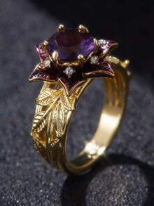 1pc Elegant Geometric Flower Shaped Purple Zirconia Inlaid Ring, Fashion Jewelry Accessory Gift For Women Party/Birthday - Ring - View 11