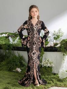 ALISA&LEO Elegant V-Neck Long Sleeve Sequin Girls' Formal Dress With Flared Cuffs And High Slit For Wedding Ceremonies, Evening Galas, Award Ceremonies, Holiday Balls, And Formal Receptions