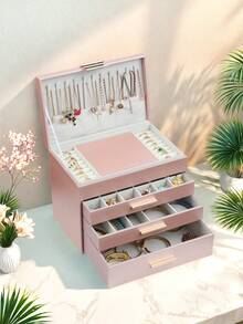 BOOVO 1 Stück Schmuckkasten für Frauen - 4-stöckiger Schmuckorganizer - Perlenbesetzter Schmuckkasten mit Schminkspiegel und Halterung für Halsketten - zum Aufbewahren verschiedener Schmuckarten - aus strapazierfähigem Kunstleder - geeignet als Geschenkbox für Feiertage, Jahrestage und Geburtstage - Verschiedenfarbig - Übersicht 9