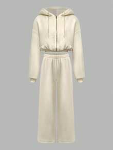 Women's Casual Fashionable Hoodie With Ruched Waist Design, Paired With Loose Straight Leg Sweatpants, Beige Set, Autumn/Winter