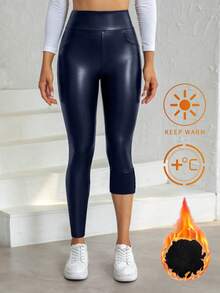 Women'S Faux Patent Leather Leggings With Pockets, Pu Pleather Pants With Butt Lift And Hip Push Up, High Waisted, Thermal Lined For Winter Tights - Navy Blue - View 8