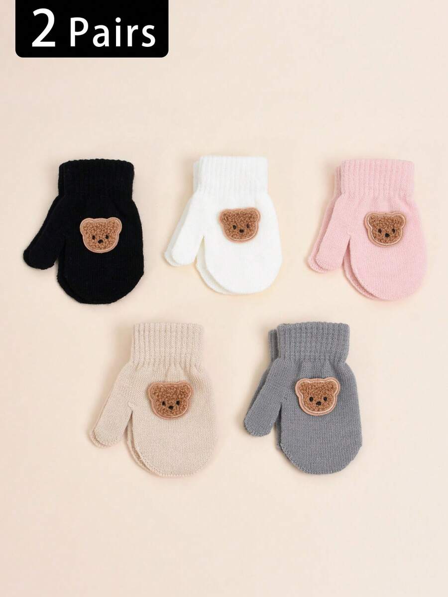 2 Pairs 1-3 Years Old Toddler Baby Autumn/Winter High Elasticity Knitted Warm Gloves, Infant/Children Cute Bear Mittens Gloves, Anti-Scratch & Bite, Suitable For Casual Daily Wear And Winter Warmth Single-Layer Gloves