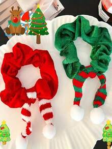 2pcs Christmas Hair Scrunchies With Fluffy Bow - Holiday Fabric Scrunchies, Suitable For Holiday Celebrations, Cute & Sweet Style, Red And Green,Gifts,Travel,Gifts For Women,Hair Stuff,Stocking Stuffers