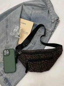 Damen Mode Leoparden Muster Winter Schräge Schulter Hüfttasche, gewebter Reißverschluss Lässig Hüfttasche, Outdoor Sport Crossbody Brusttasche - Kaffeebraun - Übersicht 7