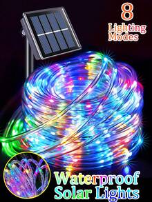 Cordão de luzes solares com 50/100/200 LEDs, à prova d'água IP65, com 8 modos de iluminação para festas, jardim, acessórios para trampolim, quintal, casa, feriados e decoração de árvores. Multicolorido.