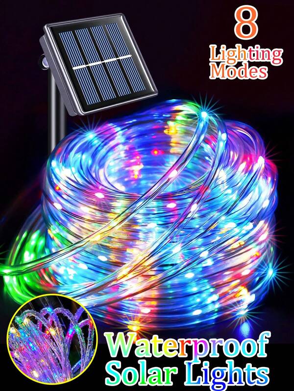 Cordão de luzes solares com 50/100/200 LEDs, à prova d'água IP65, com 8 modos de iluminação para festas, jardim, acessórios para trampolim, quintal, casa, feriados e decoração de árvores. Multicolorido.