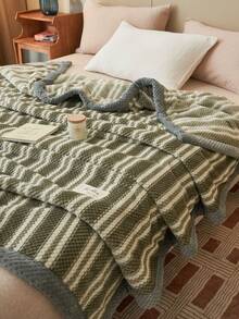 1 件条纹提花边天鹅绒毛绒保暖厚毯，柔软亲肤，多尺寸多用途，适用于办公室、客厅、卧室