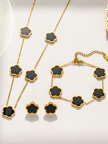 4pcs/Set Stainless Steel Fashionable Clover Flower Stud Earrings, Bracelet, Necklace Set For Women (Clover Welding Position Random)