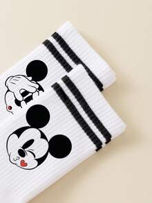 Disney 5双装米奇图案女士中筒袜，黑白双条纹运动款，可爱卡通图案女士袜，防臭吸湿休闲百搭船袜，卡通设计，适合学生/成人作为礼物和日常穿着。 - 彩色 - 查看 8