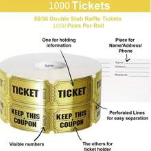 2000 张抽奖券，金色双卷金属金箔券，适用于活动、教室或学校嘉年华、秋季集市、家庭游戏奖品、派对用品礼品、数字筹款券奖品（1000 张）。 - 彩色 - 查看 10