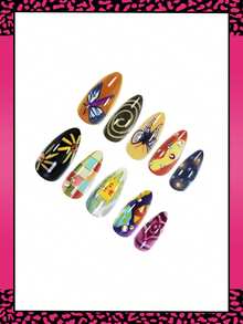 24 buc Unghii False Medii cu Migdale, Gradient, Soare & Fluture & Buline & Carouri, Design Stil Vintage Lucios, Acoperire Completă, Pentru Femei & Fete, Unghii False, Purtare Zilnică
