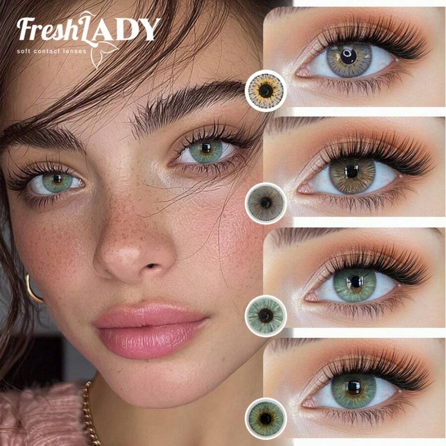 FRESH LADY Freshlady 1 paire de lentilles de contact colorées, 14,0-14,20 mm, utilisation annuelle ou 6 mois, lentilles de maquillage créatives pour les yeux, couleur vive de printemps, maquillage beauté des yeux vert/gris, pour le travail, l'école, le port quotidien, les fêtes, cadeau pour les amis