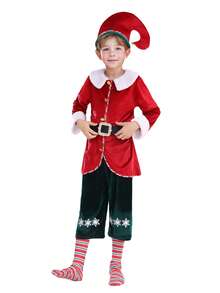 Fantasia de Natal de luxo para crianças: Ajudante de Papai Noel - Jaqueta, Calça Verde Estampada, Meias, Chapéu, Cinto | Festa de Natal/Apresentação Escolar/ - Multicolorido - Ver 7