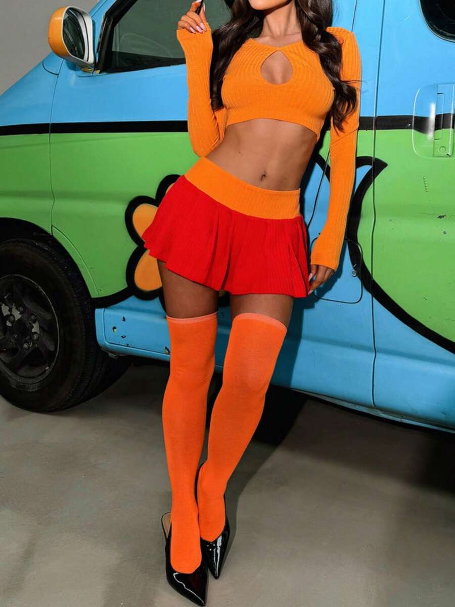 Women Halloween Velma Costume Skirt Set Orange Long Sleeve Hollowed Crop Top With Mini Skirt With Stockings Clubwear Halloween Cosplay Outfit - 橘色 - 查看 1