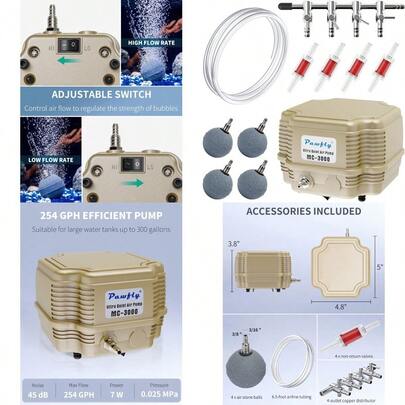 7 W 254 GPH Commercial Air Pump Adjustable Quiet Oxygen Aerator Pump With Air Stones 4 Outlets Manifold And Airline TubingAccessories For Up To 300 Gallon Tank Aquarium Pond