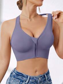 Sujetador deportivo sin costuras con cierre delantero de alto impacto para mujer, adecuado para primavera, verano, otoño e invierno - Morado - View 5