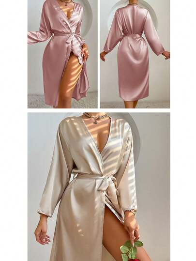 1 pièce Robe élégante à taille nouée pour femme, en satin doux et soyeux, sexy et court. Convient pour les mariées, demoiselles d'honneur, et la maison. Robe courte de saison des mariages, avec motif de lettre, kimono et chemise de nuit.