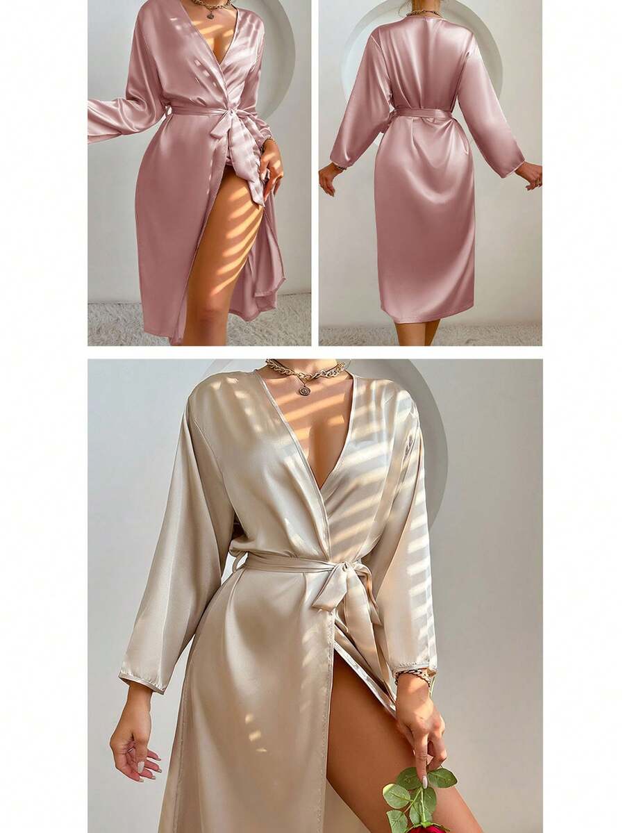 1pc Women's Solid Color Elegant Tie-Up Autumn/Winter Bathrobe, Sexy Short Satin Silk Soft Sleepwear, Suitable For Bride, Bridesmaid, Home Use.Weeding Season Short Dress Gown Initial Letter Robe, Morning Robe And Sleeping Robe - 卡其色 - 查看 1