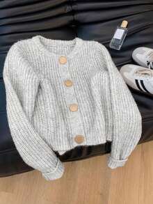 Women's Solid Color Ribbed Cardigan With Round Button, Fashionable And Elegant Autumn/Winter Apparel