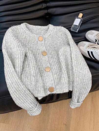 女士纯色罗纹圆形纽扣开衫，时尚优雅的秋冬服饰