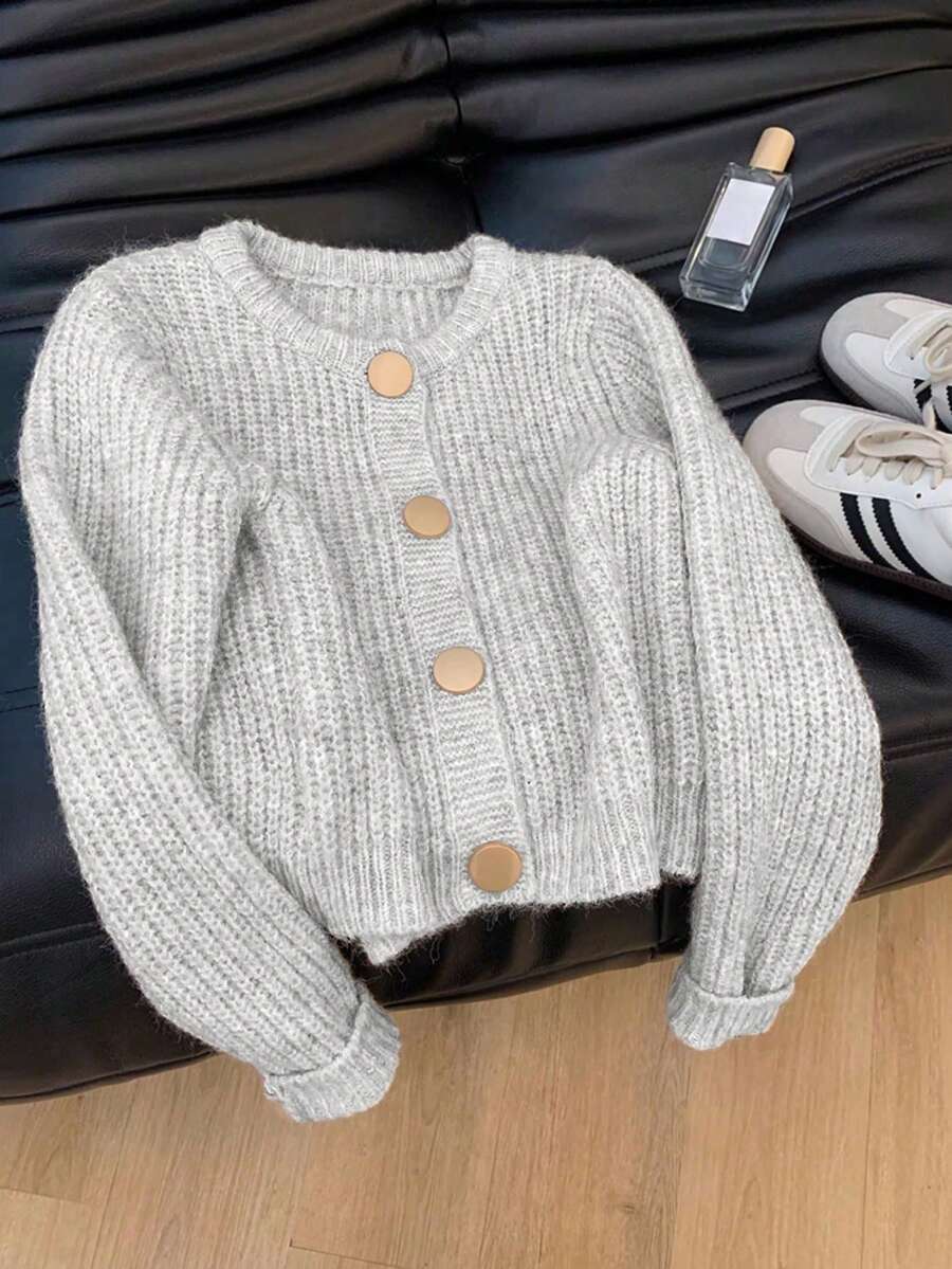 Women's Solid Color Ribbed Cardigan With Round Button, Fashionable And Elegant Autumn/Winter Apparel
