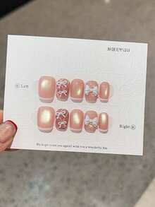 升级您的风格，手工按压式指甲套装短方形法式心形简约果冻粉色美甲套装，适合派对、婚礼或日常佩戴的长指甲，包括 2 块果冻凝胶和 1 个缓冲剂 - 淺粉色 - 查看 5