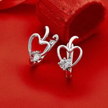 925纯银镀针耳环女士婚礼时尚高品质珠宝水晶锆石心形可爱耳钉 - 銀色 - 查看 2