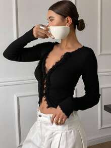 Livesso 女式蕾丝拼布流苏装饰 V 领长袖休闲优雅秋季开衫 - 黑色 - 查看 3