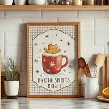 1pc Frameless Gingerbread Mug Christmas Print, Kitchen Coffee Bar Wall Art, Plaid Background Warm Tones Winter Holiday Decor, Cozy Home Decor Poster For Living Room, Bedroom, Dorm, Vintage Style Aesthetic